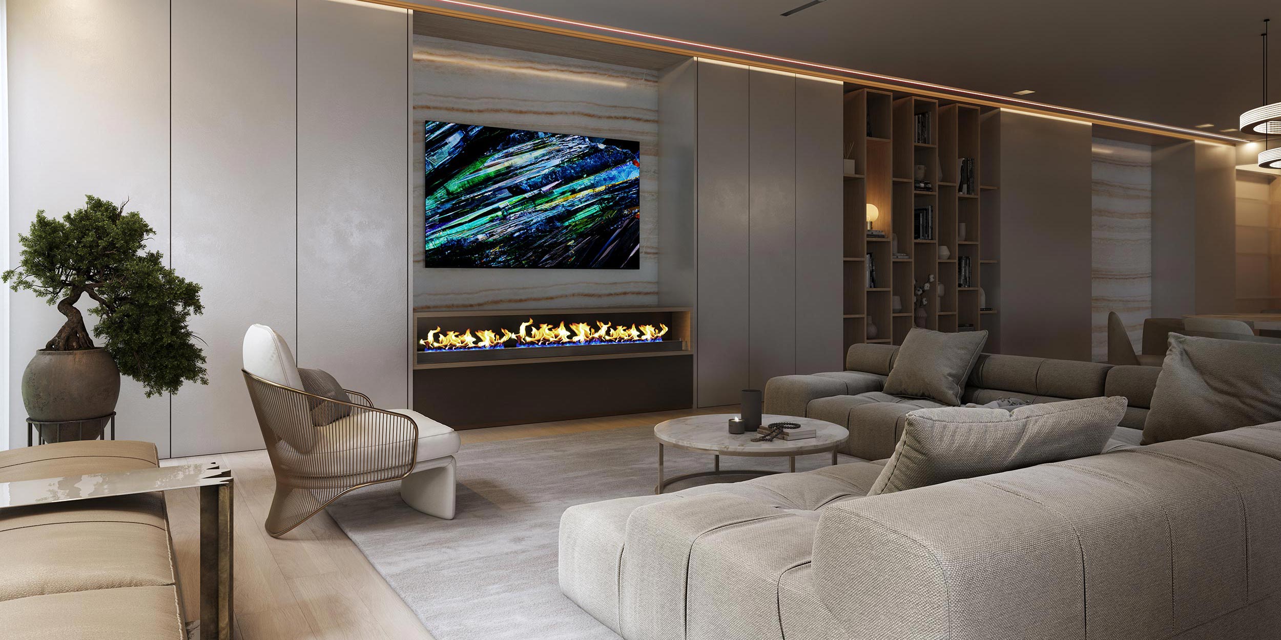Luxurious living room with a fireplace and a TV featuring abstract art