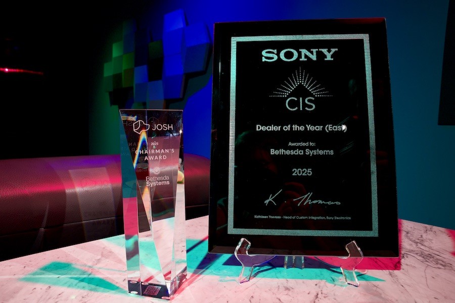  A Sony dealer of the year award next to a Josh.ai Chairman’s award. 