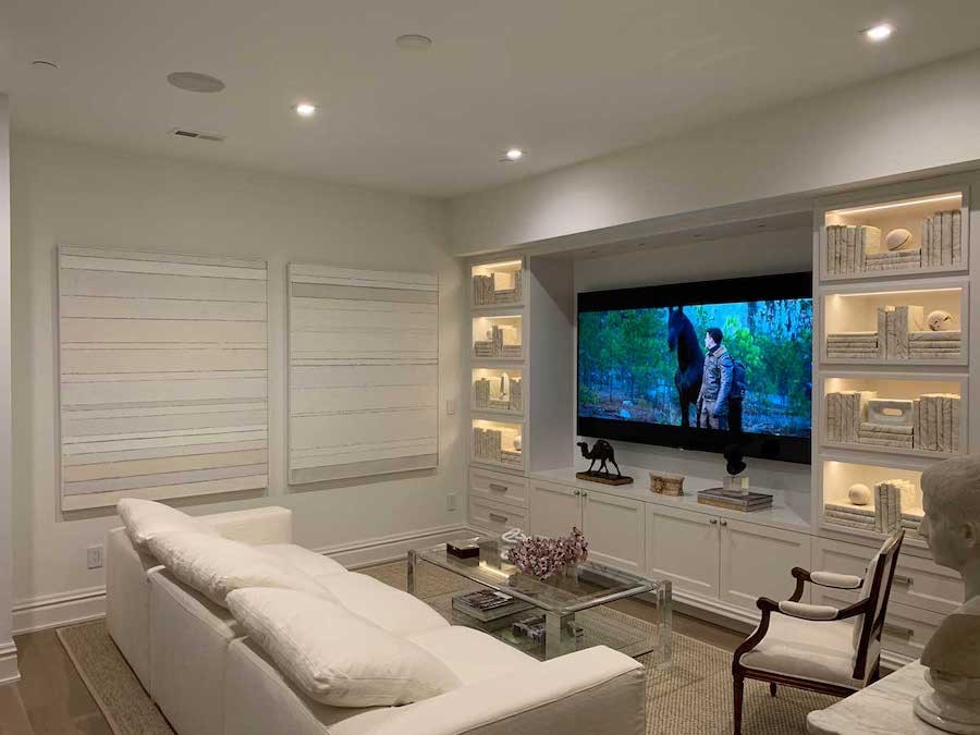 A home theater with in-wall speakers.
