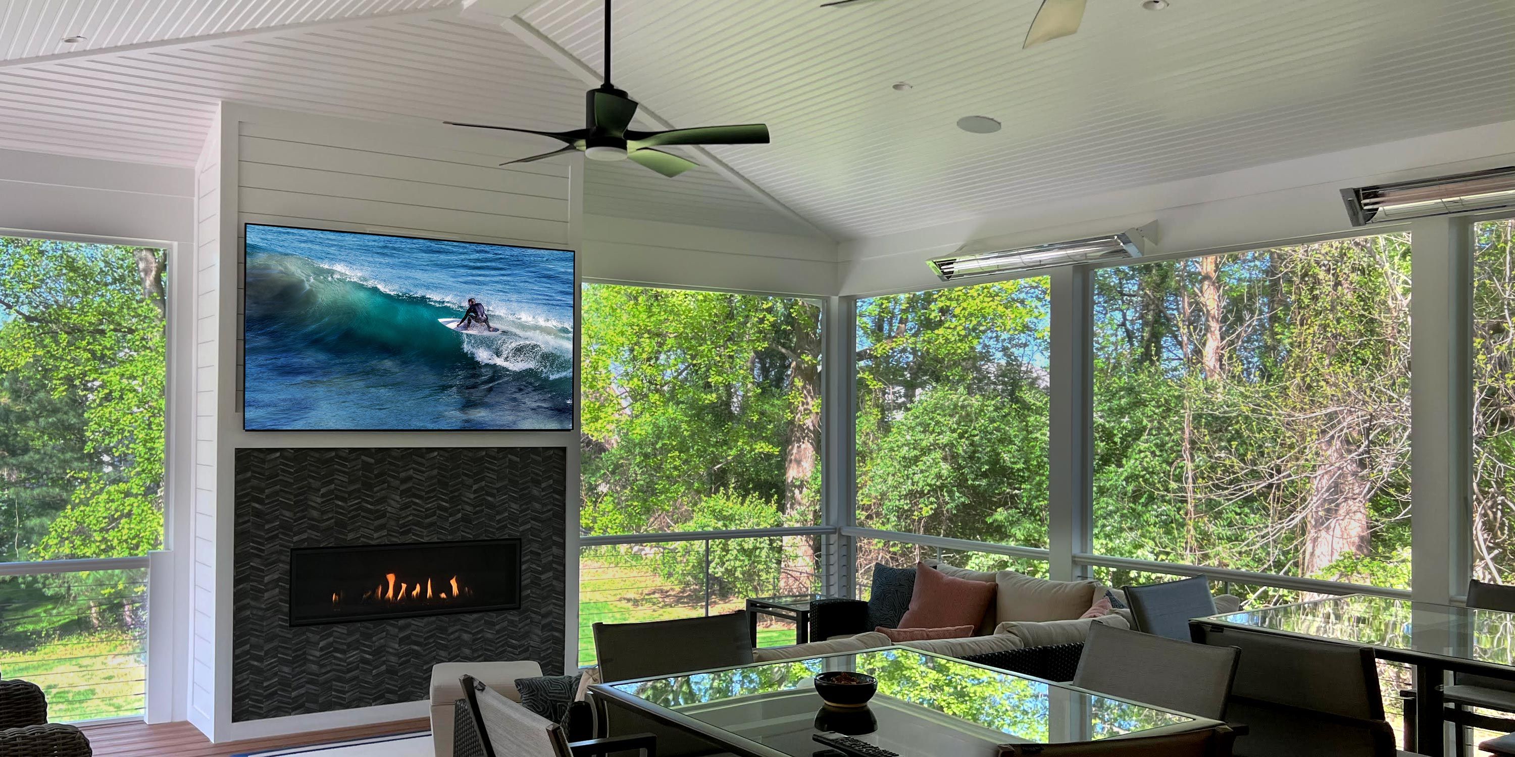 screen room with wooden ceiling and black framing